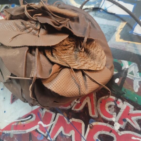 Brown Leather Ruffle Handbag Boho Chic Floral Accent Purse, Vintage-inspired - Picture 5 of 12